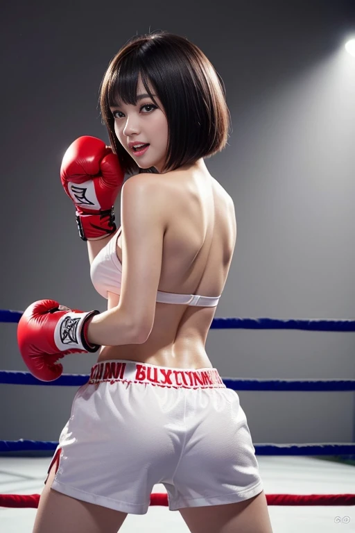 best quality best quality,High quality,masutepiece,Detailed details,hight resolution、Haute,Realistic, resolution,1girl in,Beautiful,beautiful face beautiful face,Beauty of beauty,(shinny skin,bob cut with movement),Looking at Viewer,red blush｜blush and dye,, Open mouth and smile expression,,Black hair,(、A slender,),Studio Lighting、(((Model stands and looks back、boxing、、standing with boxing gloves on、toppless、)))、Sweating、boxing room、Boxing gym、