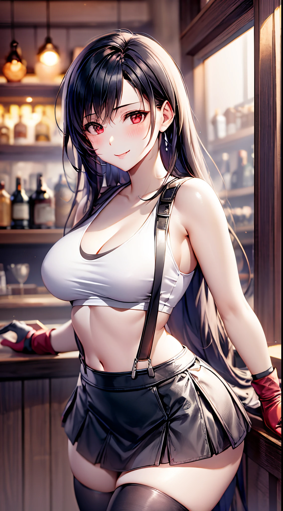 tifa ff7, 1girl, solo, looking at viewer, blush, seductive smile, white tank top, black skirt, suspender skirt, midriff, black thighhighs, red gloves, bra, zettai ryouiki, bent over, head tilt, bar counter,