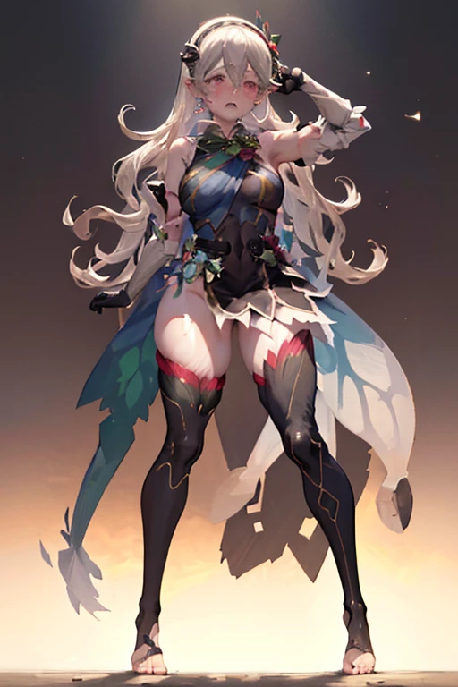 masterpiece, best quality, respCorrin, hair ornament, rose, black dress, bare shoulders, elbow gloves, fairy wings, black thighhighs, standing, dark forest, fireflies, looking at viewer, ((torn clothes)), ((beaten and injured person)), ((crying)), ((big tits)), ((thick thighs)), ((Defeated))