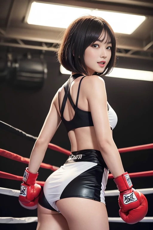 best quality best quality,High quality,masutepiece,Detailed details,hight resolution、Haute,Realistic, resolution,1girl in,Beautiful,beautiful face beautiful face,Beauty of beauty,(shinny skin,bob cut with movement),Looking at Viewer,red blush｜blush and dye,, Open mouth and smile expression,,Black hair,(、A slender,),Studio Lighting、(((The model stands and looks back、boxing、、standing with boxing gloves on、toppless、)))、Sweating、boxing room、Boxing gym、