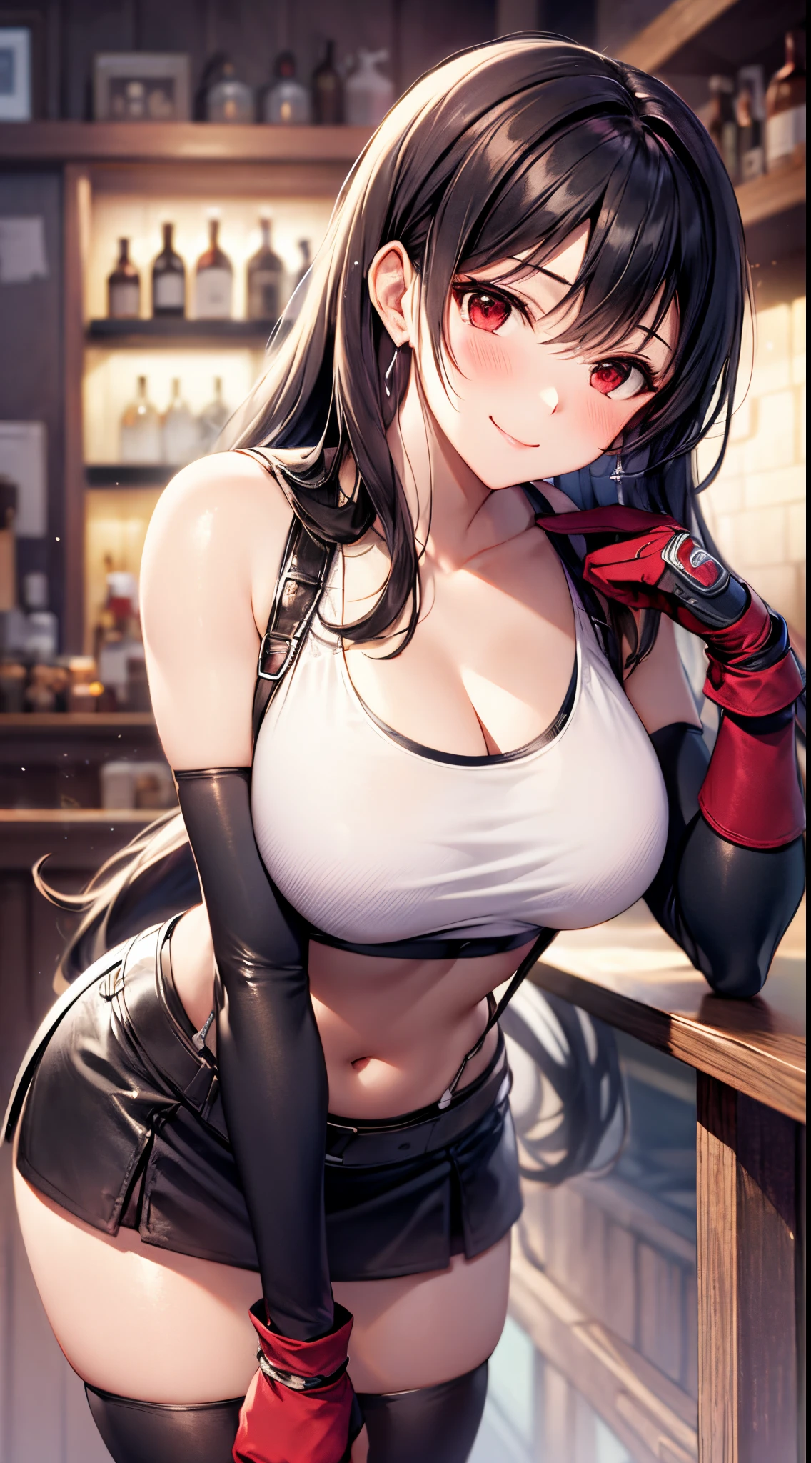 tifa ff7, 1girl, solo, looking at viewer, blush, seductive smile, white tank top, black skirt, suspender skirt, midriff, black thighhighs, red gloves, bra, zettai ryouiki, bent over, head tilt, bar counter,