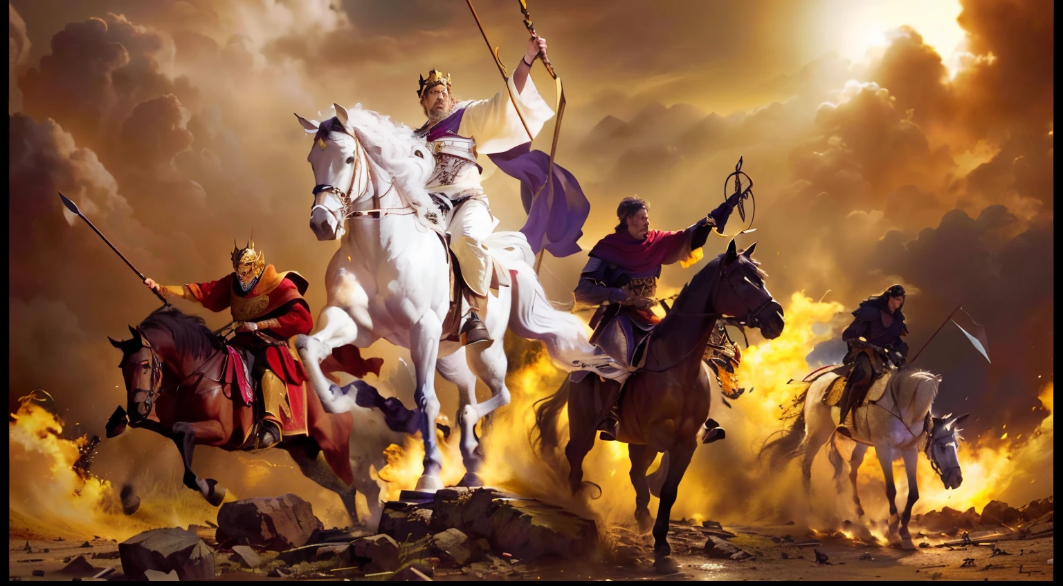 there are four men riding on horses with spears and lances, epic biblical representation, Quatro Cavaleiros do Apocalipse, biblical epic movie, Reis antigos em vestes brancas, Cavaleiros do Apocalipse, Alexandre, o Grande, Directed by: Roman Bezpalkiv, Directed by: Gavin Nolan, Directed by: Krzysztof Boguszewski, Directed by: Antonio Ciseri, Directed by: Bernard Meninsky