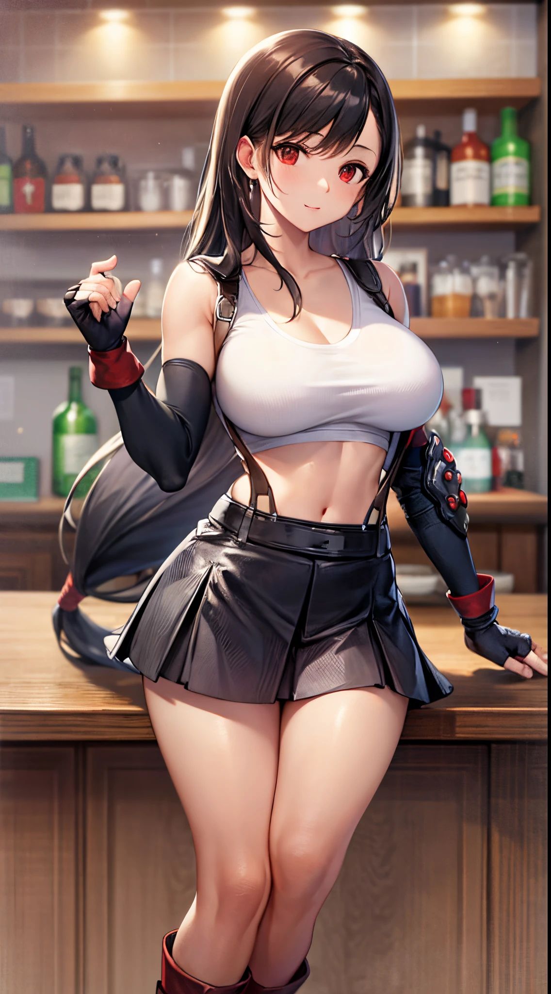 best quality, ultra-detailed, high resolution, defTifa, white crop top, elbow pad, fingerless gloves, suspenders, pleated skirt, red boots, bar counter,