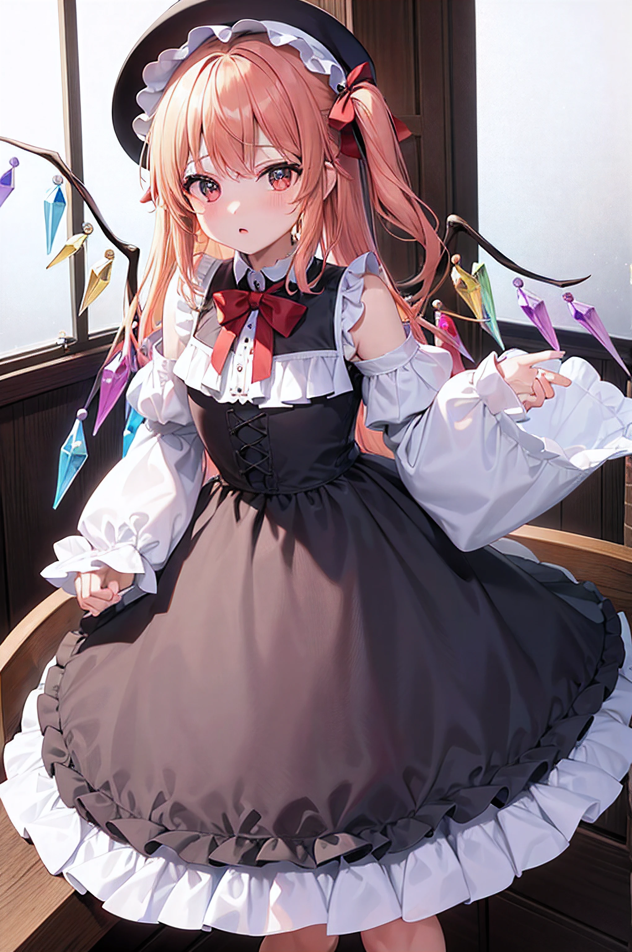 sobre una mesa, La mejor calidad en el mejor de los casos, 1 chica en,Flandre Escarlata,Cola de caballo rubia lateral、Fondo del dormitorio、It's mine&#39;mi&#39;Yo&#39;I&#39;m wearing a white thug hat、Y plumas de colores、The upper body is naked、ＨPechos de copa、rubor rojo