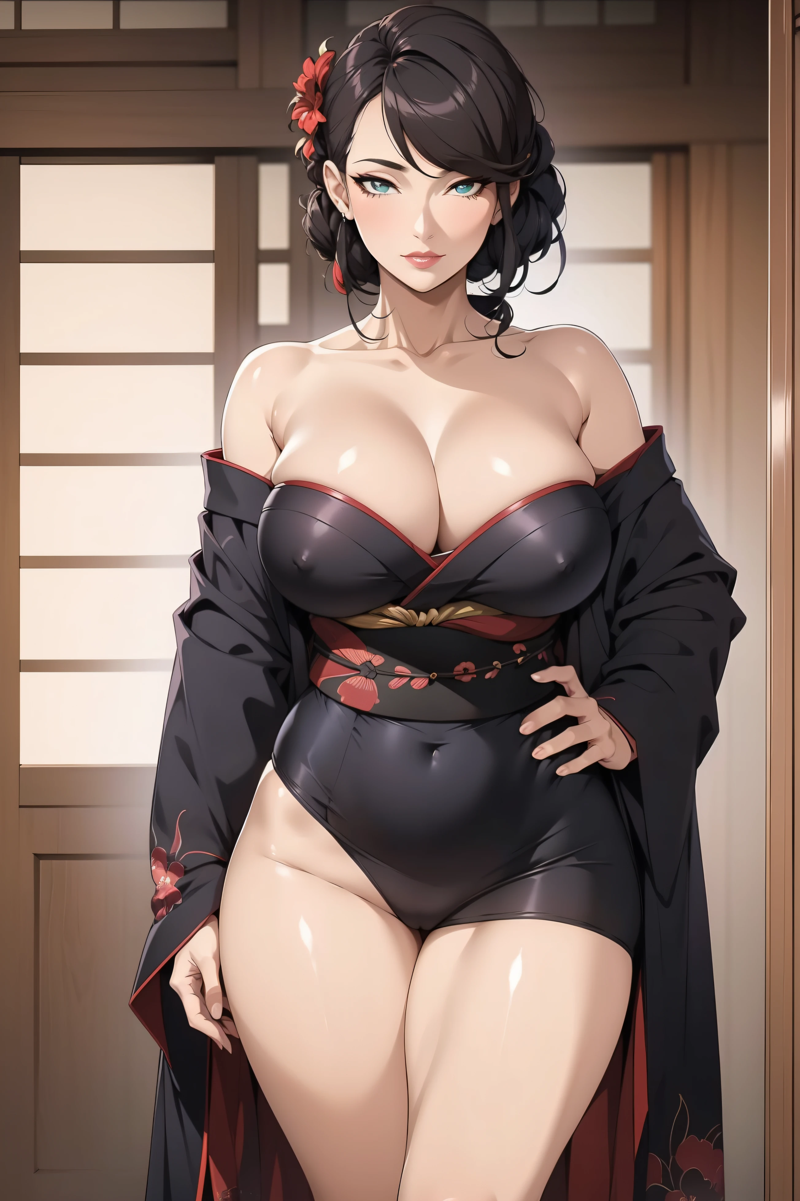 1femmel， （tmasterpiece： 1.3），Belle femme allemande mature， detailed finger， Belle main， hyper realistic， 1femmel， （affaissement des seins， Bewitching body： 1.2） Cheveux bruns couleur： 1.1， Super Detail Face， detailed lips， detailled eyes， Kimono décolleté sexy， open neckline，The manteau de fourrure rouge sur la poitrine était déchiré，Fuite du ventre，This is a tattoo of the papillon on the left&#39;outdoor，Culotte de cuisse du bas du corps qui fuit， Affaissement de la poitrine， Lateral posture， Courbes visibles，Corps entier1:1