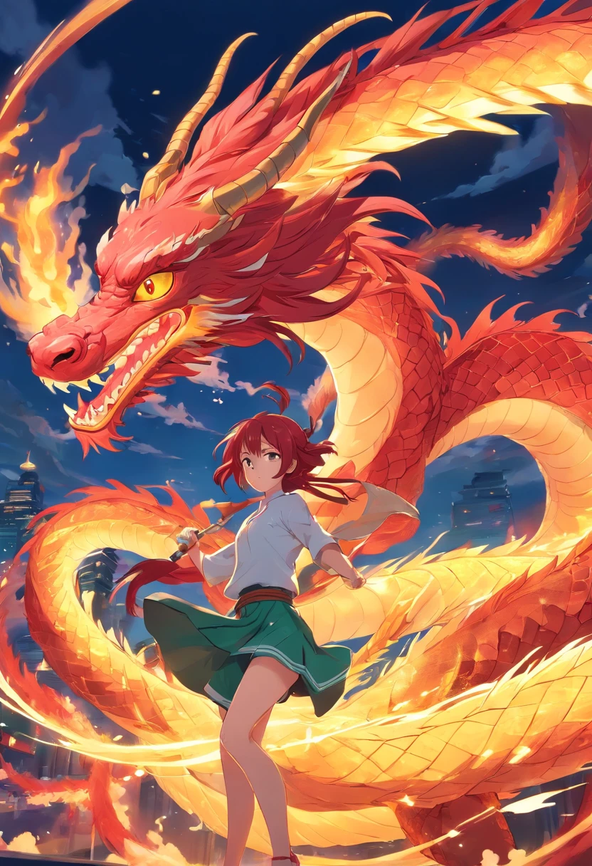 1 girl red hair rides a Chinese dragon