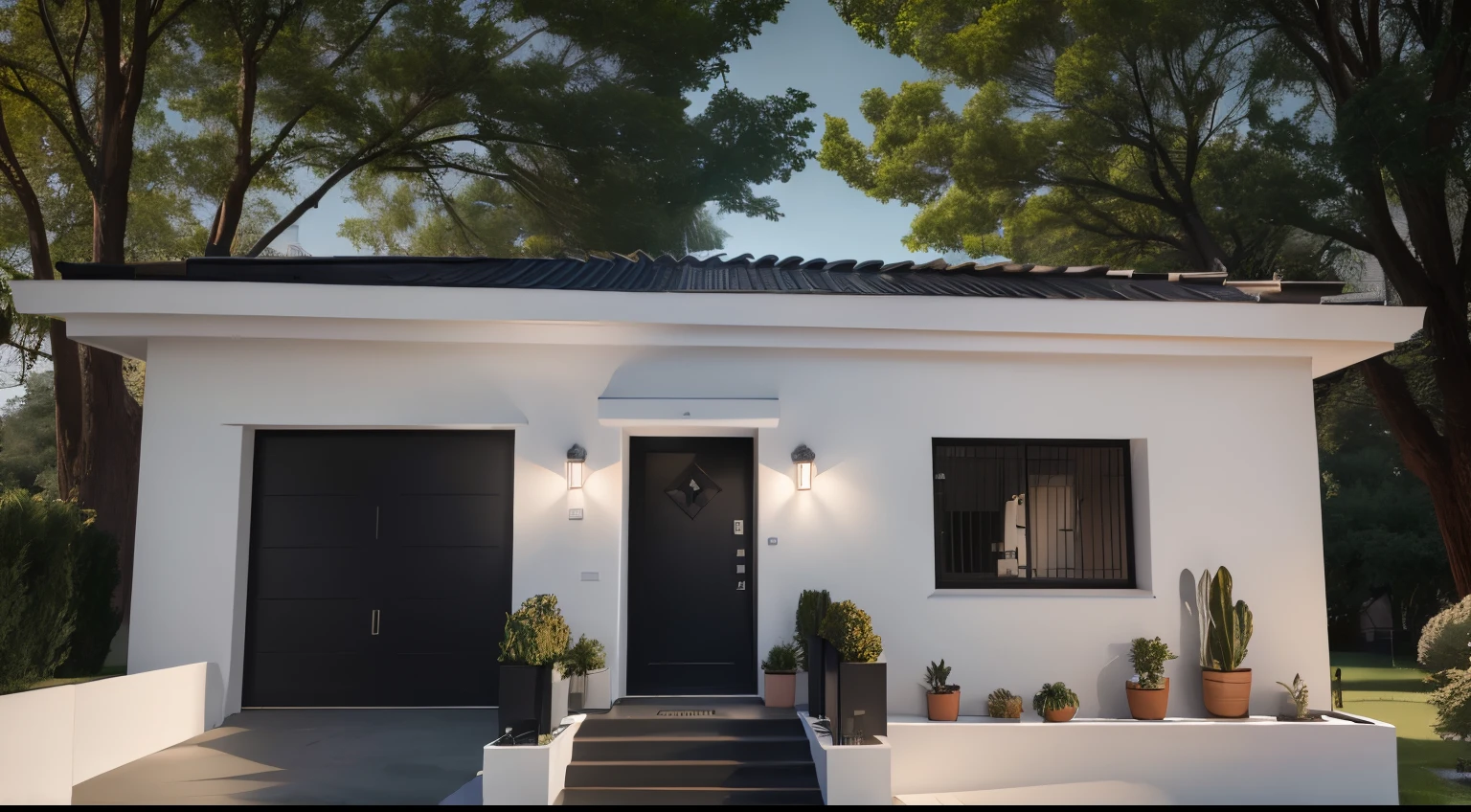 there is a small white house with black door and windows, exterior grande angular 2022, Frontal, em estilo de ultra realista, crisp smooth clean lines, obra-prima premiada, beautifully symmetrical, obra-prima bem desenhada, fully symmetrical, perfect symmetrical, Obra-prima da luz brilhante, Detalhe excepcional, Modern setting, tiro frontal, exterior misterioso