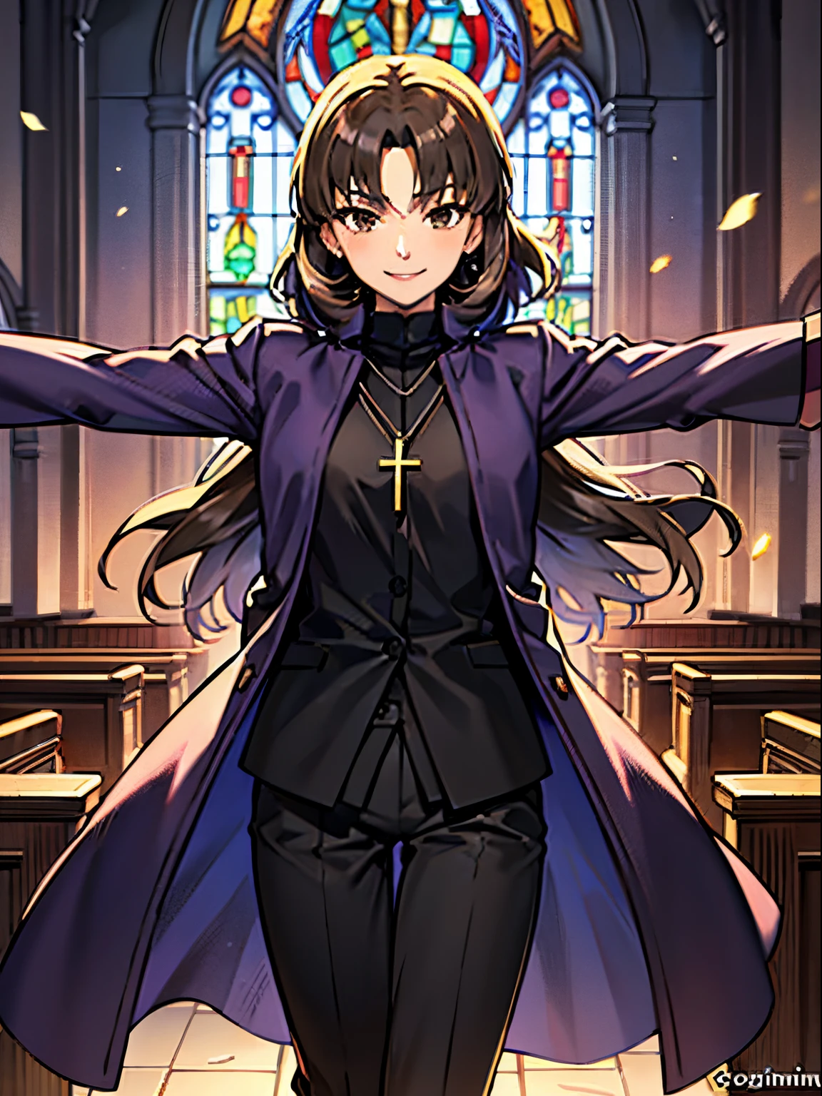 kotomine kirei, masterpiece, best quality, detailed, church, stained glass, light beams, indoors, light particles, kotomine kirei, spread arms, purple coat, black shirt, black pants, cross necklace, parted bangs, smile, 1girl, curvy