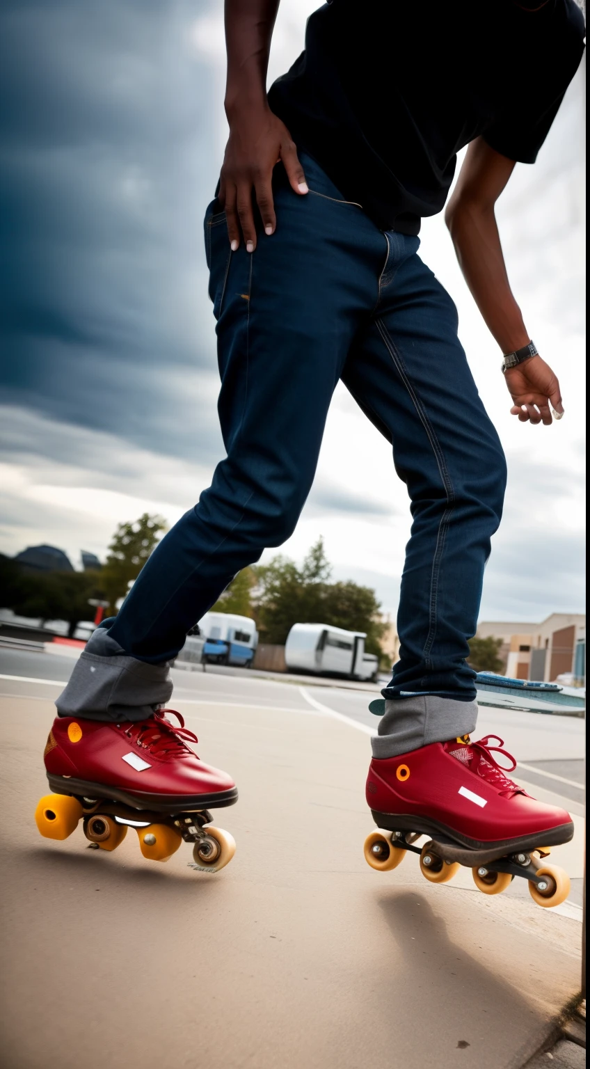 there is a man riding a skateboard on a street, convert shoes into big wheels