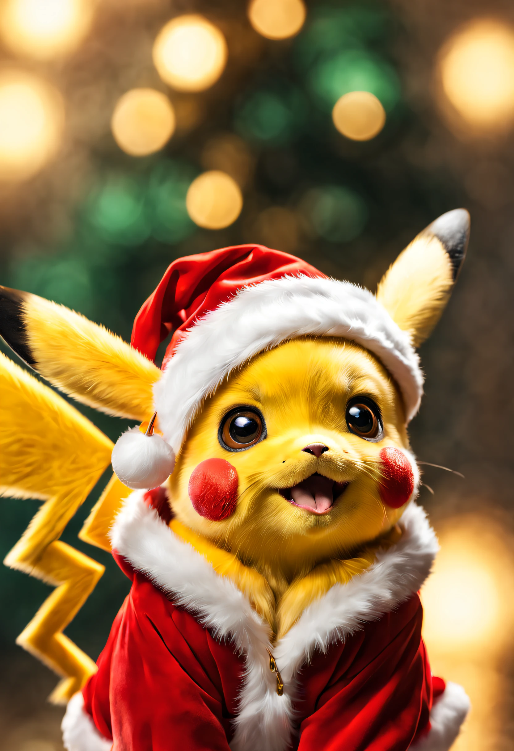 Hyper-detailed photo of an adorable portrait of Pikachu in a Santa suit., wise and experienced, rude expression, telling stories of countless journeys (facing viewer: 1.2), (sharp-focus, hyper-detailed, very complex: 1.20), (natural lighting: 1.2 ), Highest detail resolution, photo realism, full - body
