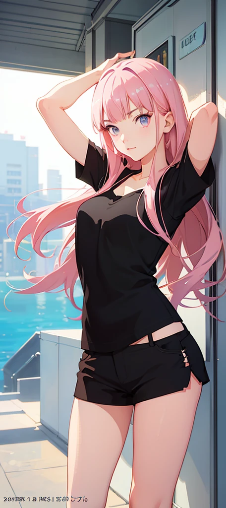 anime girl with pink hair and black top posing for a picture, digital art on pixiv, official artwork, pixiv, cushart, pixiv 3dcg, ilya kuvshinov with long hair, advanced digital anime art ”, cushart kenz, at pixiv, zero two, top rated on pixiv, by Shingei, digital anime art