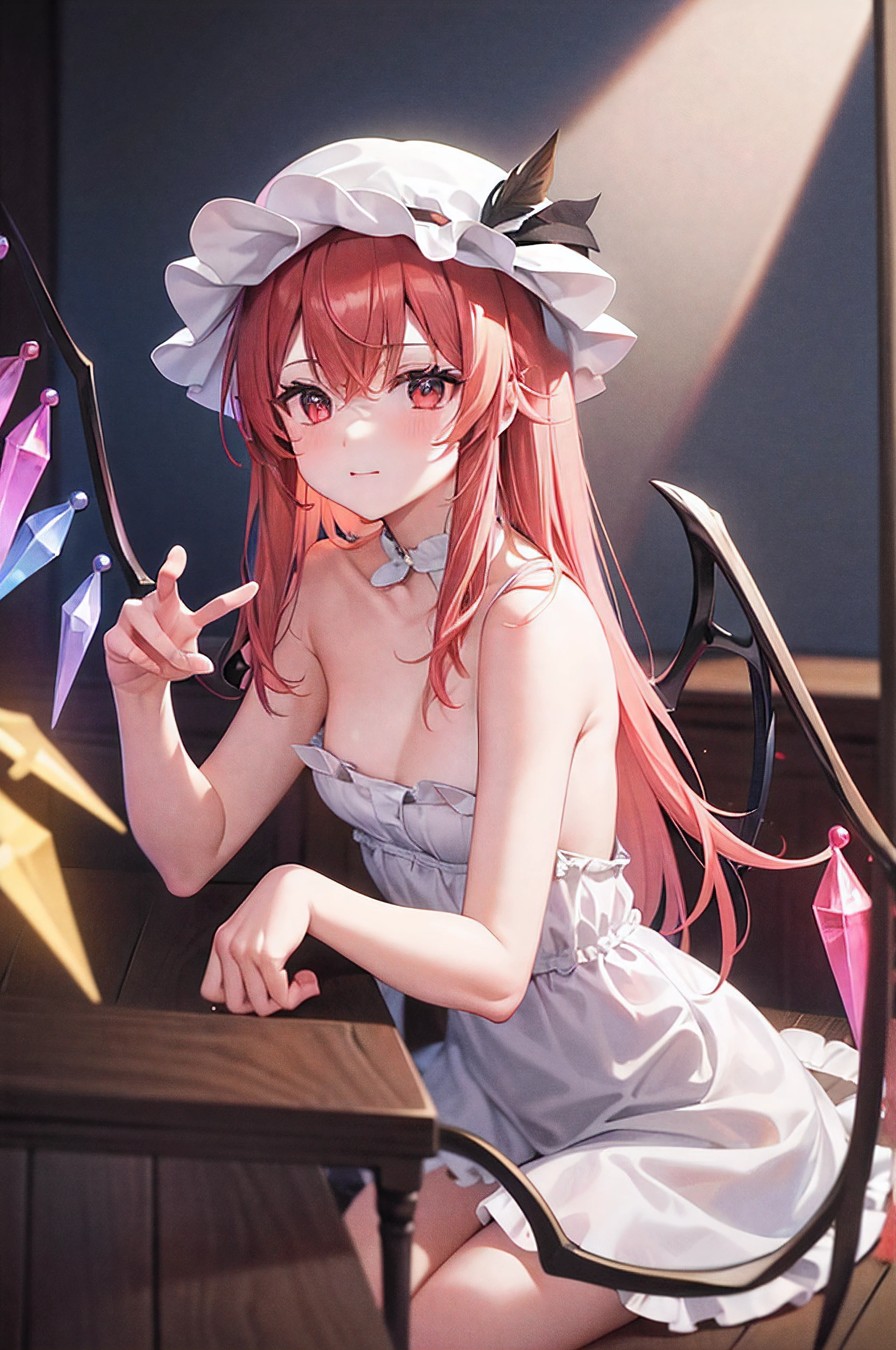 sobre una mesa, La mejor calidad en el mejor de los casos, 1 chica en,Flandre Escarlata,Cola de caballo rubia lateral、Fondo del dormitorio、desnuda ;I&#39;m wearing a white thug hat、Y plumas de colores、The upper body is naked、ＨPechos de copa、rubor rojo