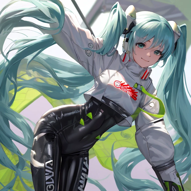 masterpiece,(ultra-detailed),1girl, smirk, racing miku, black bodysuit, cropped jacket, white jacket, long sleeves, two-tone gloves, thigh boots, race queen, racecar, circuit, 2arms