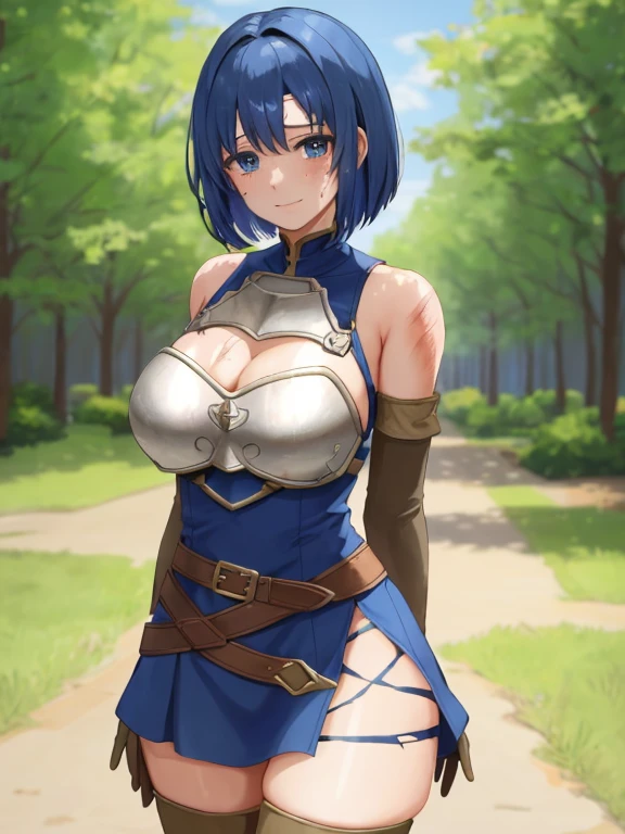 catria_echoes, 1girl, solo, looking at viewer, smile, short hair, thighhighs, gloves, dress, bare shoulders, elbow gloves, belt, armor, zettai ryouiki, headband, arms behind back, short dress, plate, nature, park, trees, ((torn clothes)), ((beaten and injured person)), ((crying)), ((big tithick thighs)), ((Defeated))