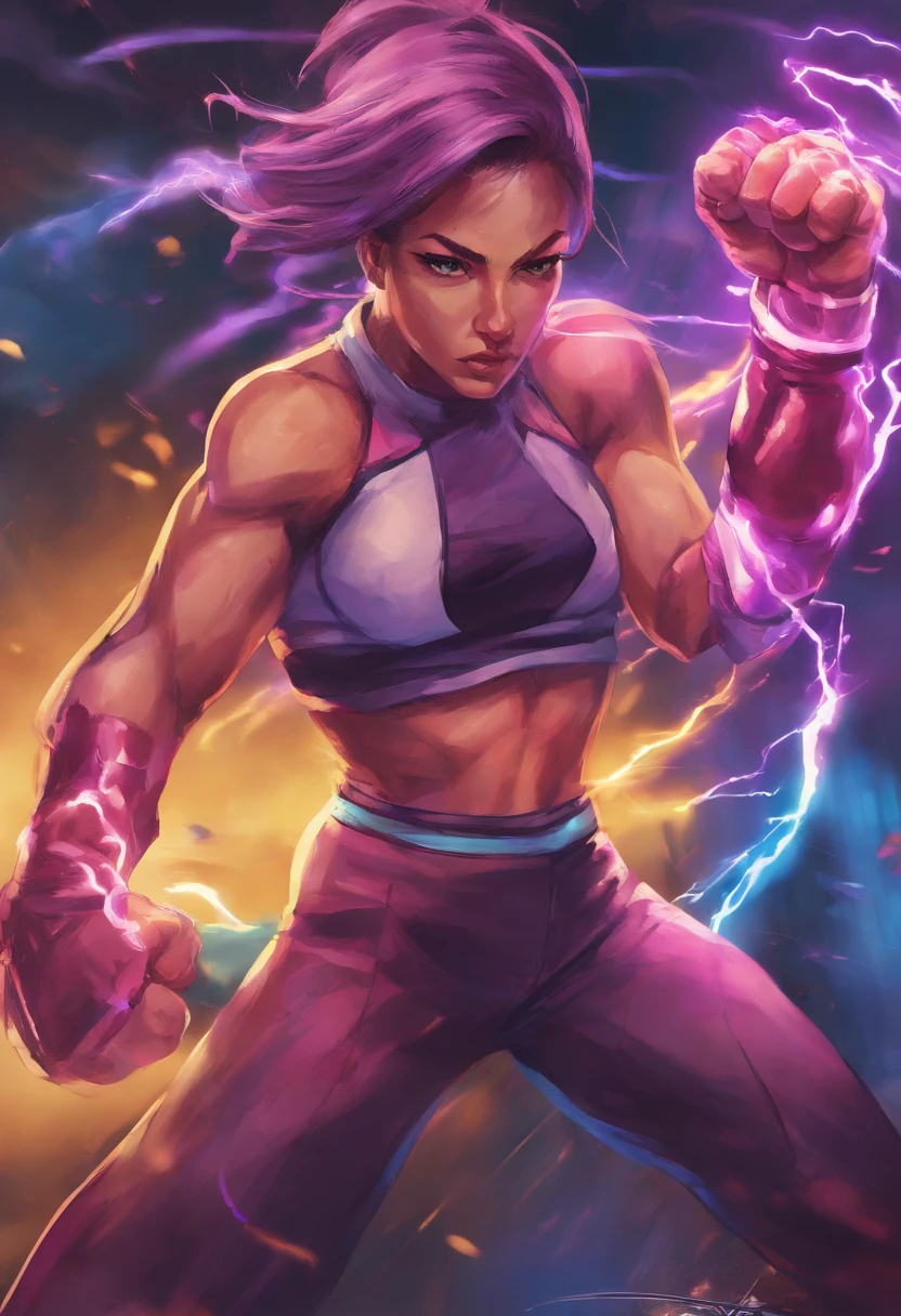 Prompt for Svetlana Volkova’s artwork:

Create a (((masterpiece))) depicting Svetlana Volkova, a kickboxing champion with electric control techniques. Showcase her dynamic combat style, combining swift kicks and powerful electric attacks. The ultra-detailed 8k CG wallpaper should emphasize her distinctive ability to charge electricity in her strikes, causing additional damage and temporary paralysis effects.

Visual details:

	•	Modern combat attire inspired by shades of blue and purple, with luminous electric details.
	•	Special gloves amplifying her electric attacks.
	•	Medium height, athletic physique, and a determined expression.
	•	Short, spiked hair with colored strands that glow during electric power use.
	•	Intense eyes and a facial scar, a testament to past battles.

Background story:
Svetlana Volkova, a former kickboxing champion, sought to enhance her skills through secret electrical techniques learned from a clandestine society. Now entering the Street Fighter tournament, she aims to prove that the fusion of brute strength and electric powers can dominate any opponent. Her determination and impactful presence make her a formidable addition to the Street Fighter world.