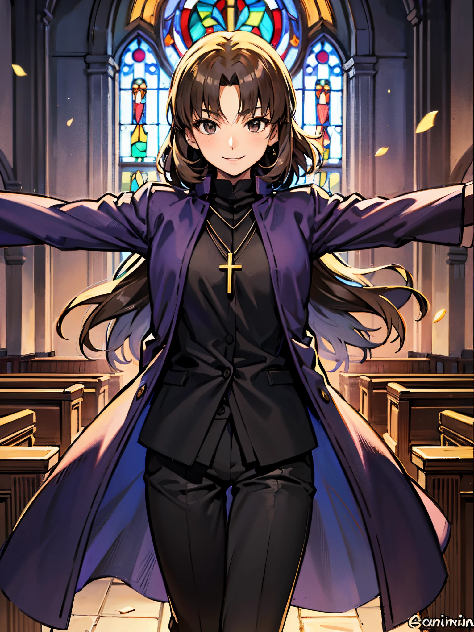 kotomine kirei, masterpiece, best quality, detailed, church, stained glass, light beams, indoors, light particles, kotomine kirei, spread arms, purple coat, black shirt, black pants, cross necklace, parted bangs, smile, 1girl, curvy