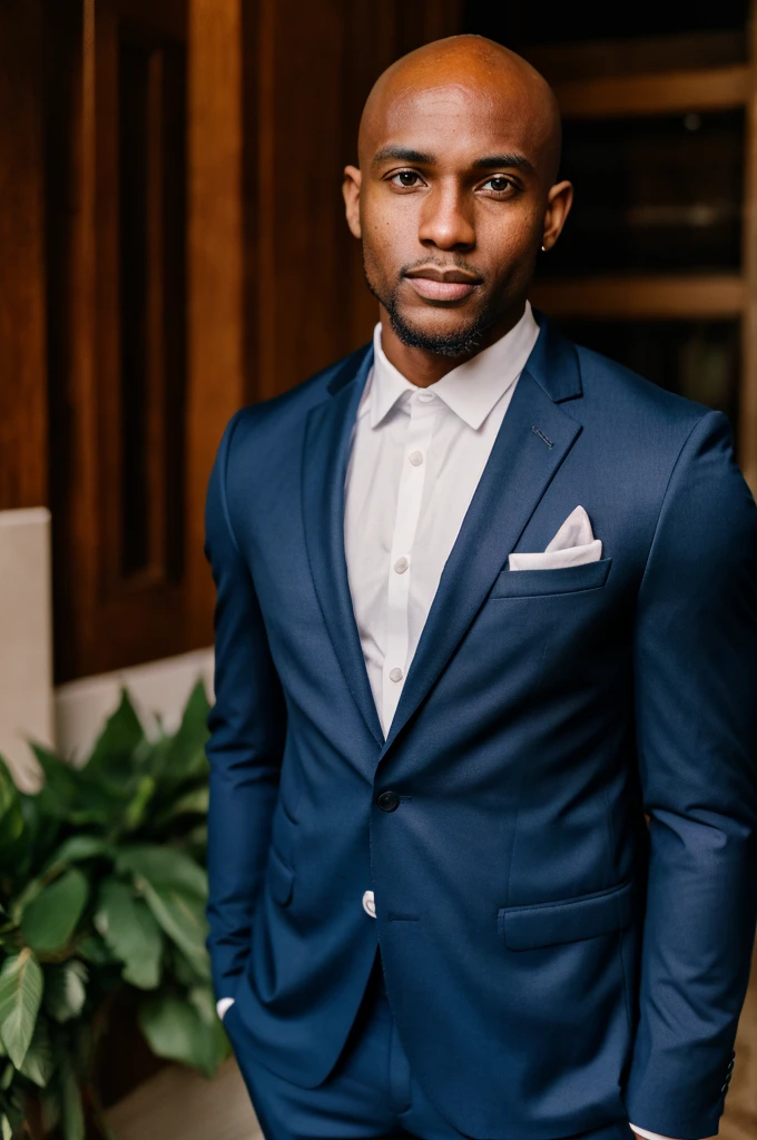 26 year old black guy mathys with muscles and bald head wearing a dark blue suit with a flower in his jacket pocket at a wedding