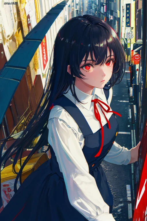 masterpiece, best quality, high quality, absurdres, bold color, poster cover, intricate detail film grain, legible detailed large text, chromatic aberration, dramatic lighting, streets of japan, 1girl,  yoru, red eyes, pinafore dress, shirt, neck ribbon, long sleeves,close-up, cinematic, highly dramatic background, paint streaks backdrop  cover, ((flying:1.3)), perfect composition, golden ratio,