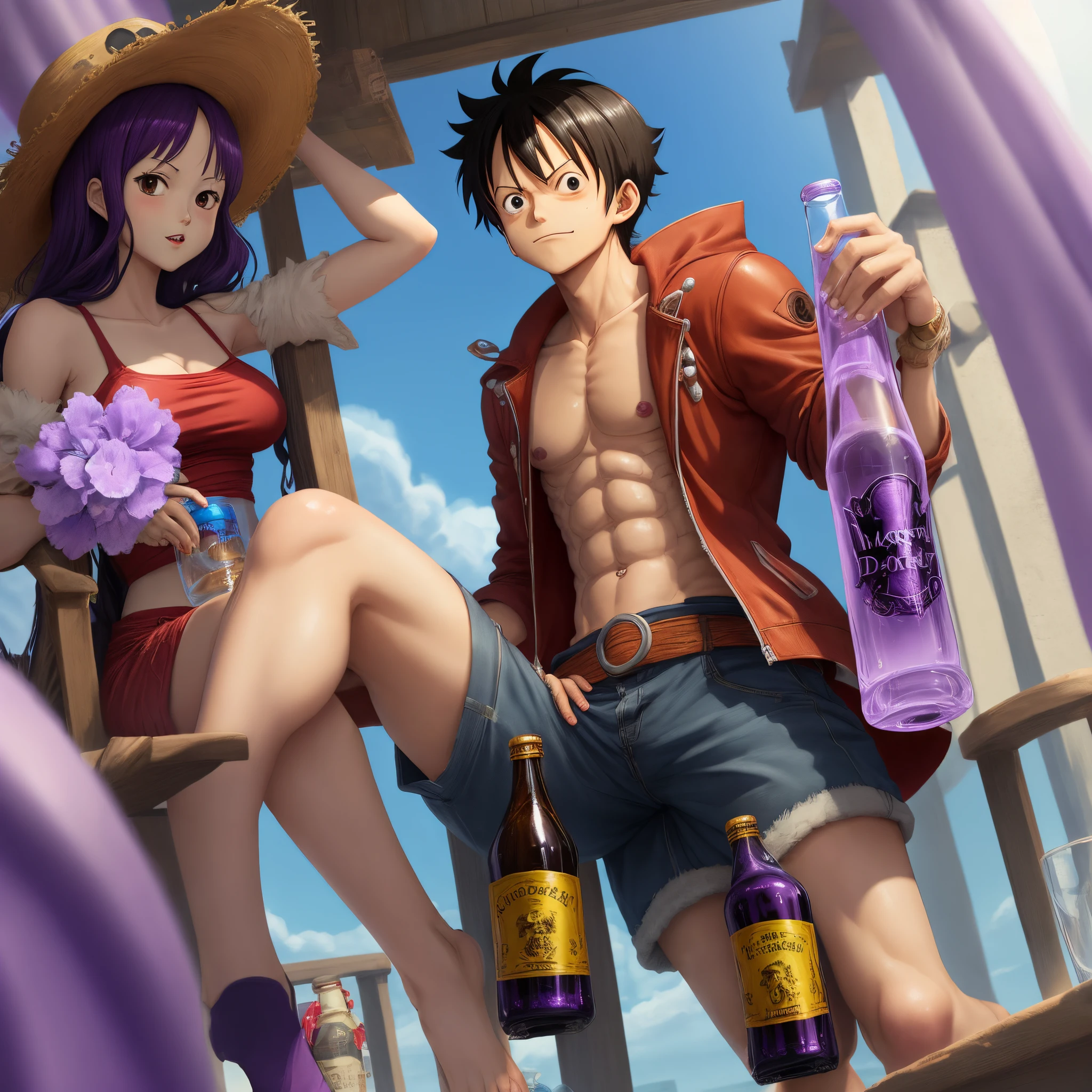 Monkey D Luffy holding a bottle of purple sprite
