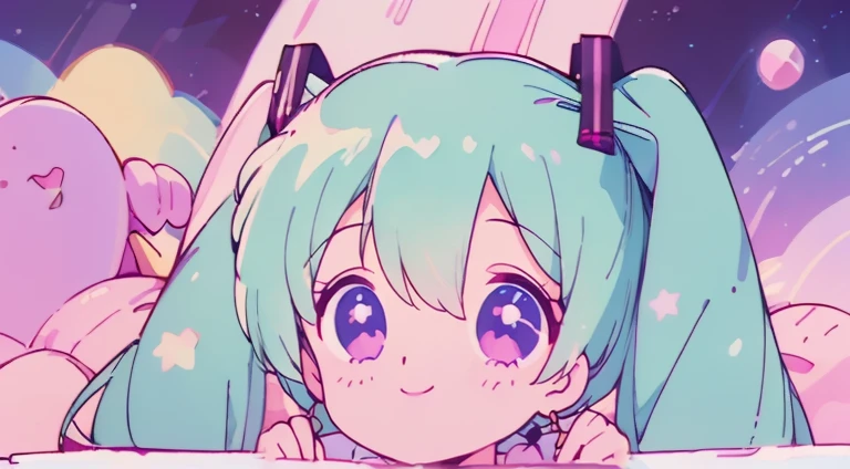 (1girl),(Pop style,flat colors,star pattern,pastel,shiny eyes,Smile,Cosmic atmosphere,colored lineart,outline,simple,Night background, macro shot,pastel night aesthetic),((Masterpiece)), Hatsune miku