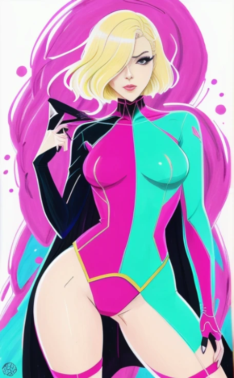 a drawing of a woman with blonde hair and a pink outfit, loish |, jen bartel, rossdraws cartoon vibrant, by loish, lois van baarle and rossdraws, bubblegum body, inspired by Tomer Hanuka, loish art style, by Victor Mosquera, spider gwen, ross tran style, ross tran!!!, gwen stacy
