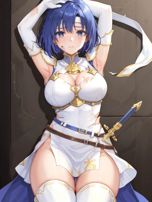 catria_white,1girl, solo, breasts, looking at viewer, ((torn clothes)), ((beaten and injured person)), ((crying)), ((big tits)), ((thick thighs)), ((Defeated)), short hair, bangs, thighhighs, gloves, dress, holding, closed mouth, weapon, thighs, cowboy shot, sleeveless, elbow gloves, sword, white gloves, armpits, holding weapon, white dress, armor, arm up, white thighhighs, official alternate costume, sleeveless dress, headband, holding sword, shoulder armor, pelvic curtain, breastplate, white headband
