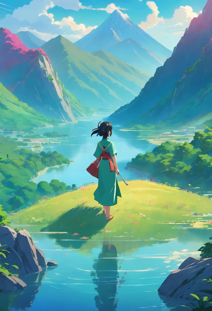 Chinese girl Ling Shen and her Chinese dragon mountains and lake