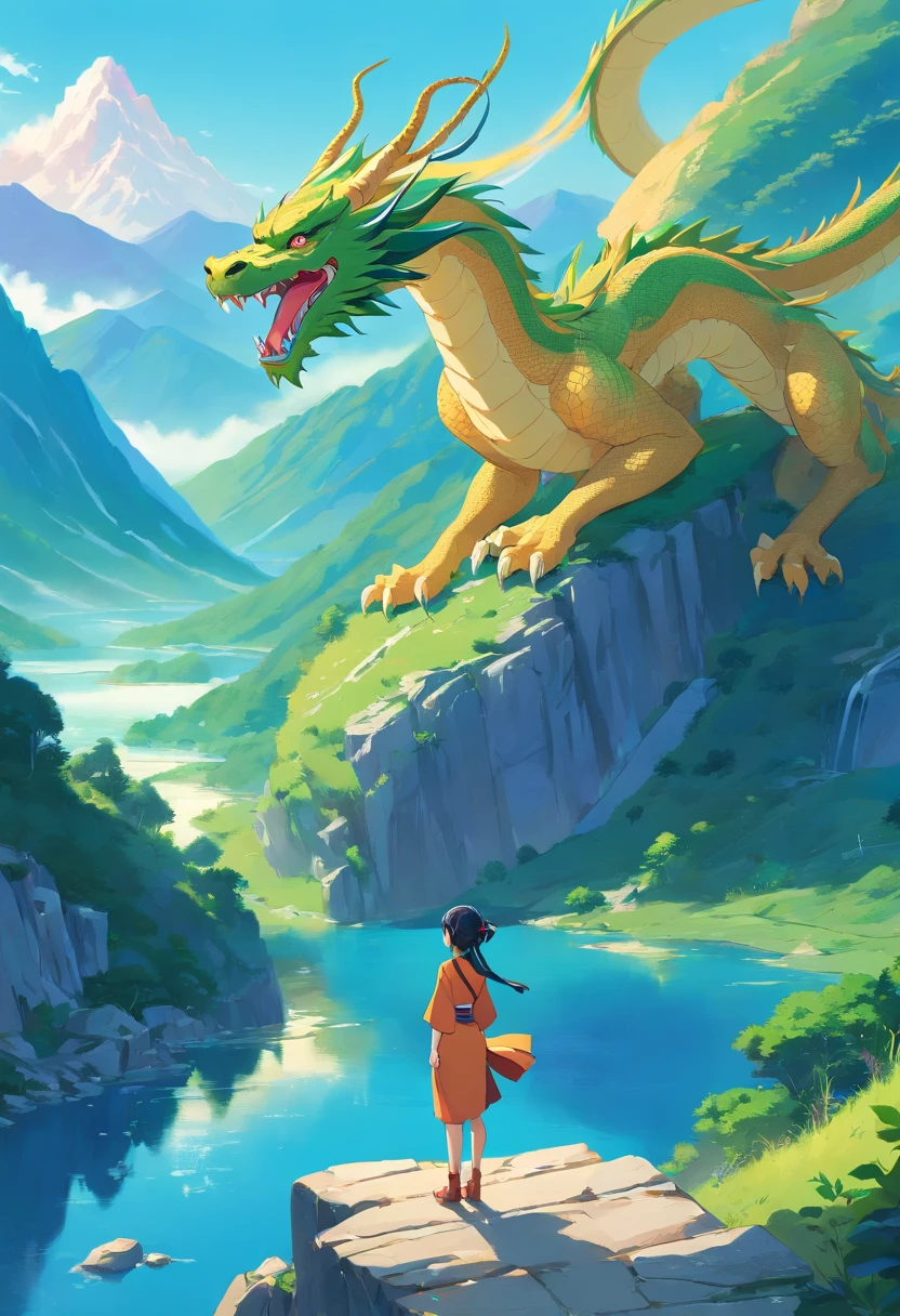 Chinese girl Ling Shen and her Chinese dragon mountains and lake