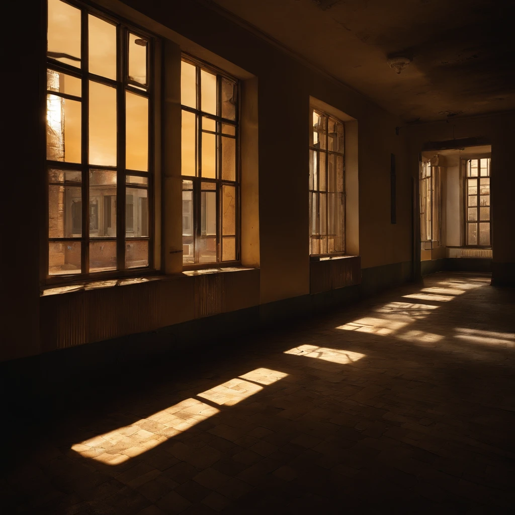 hopital abandoned view of the interior shadow ultra realistic night in the sun