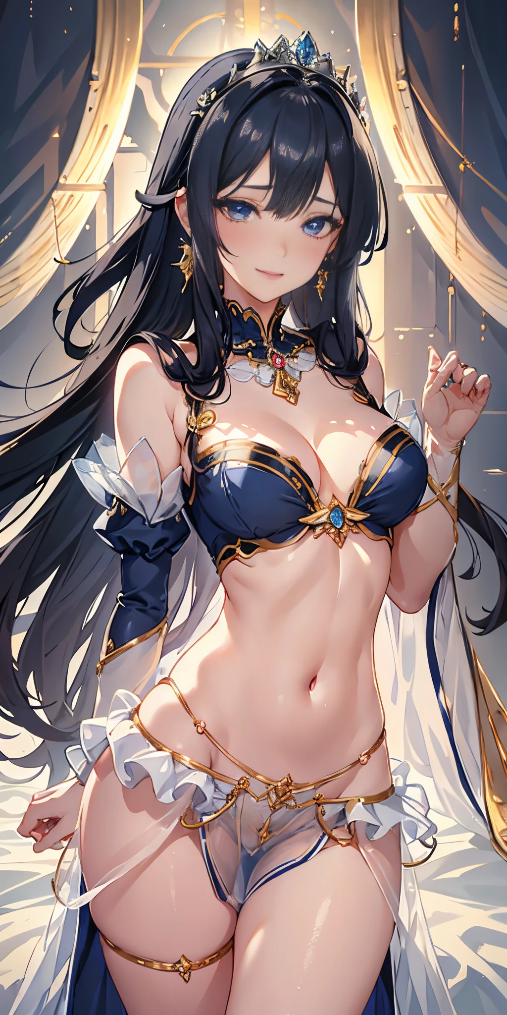 navy color, (one princess wearing sexy princess dress with transparent lace sleeves), (photorealistic:1.4), (masterpiece, sidelighting, finely detailed beautiful eyes: 1.2), Dynamic pose, masterpiece*portrait, realistic, 3d face, glowing eyes, shiny hair, lustrous skin, solo, (midriff), extreme long hair, smile, from blow, (masterpiece), best quality, embarrassed, necklace, earrings,