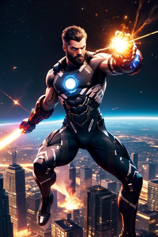 A muscular man with scars on his arm and marks. ultra cyber costume on abdomen . His skin is white. Ele tem cabelo longo preto amarrado nas laterais. Ele tem uma barba pequena. His eyes are black and his gaze is threatening.. Ele usa roupas de geral. He is also very tall and has a menacing aura........................................... (Flying punching towards the ground making a crater in the city) Liberando propulsor de raios manualmente
