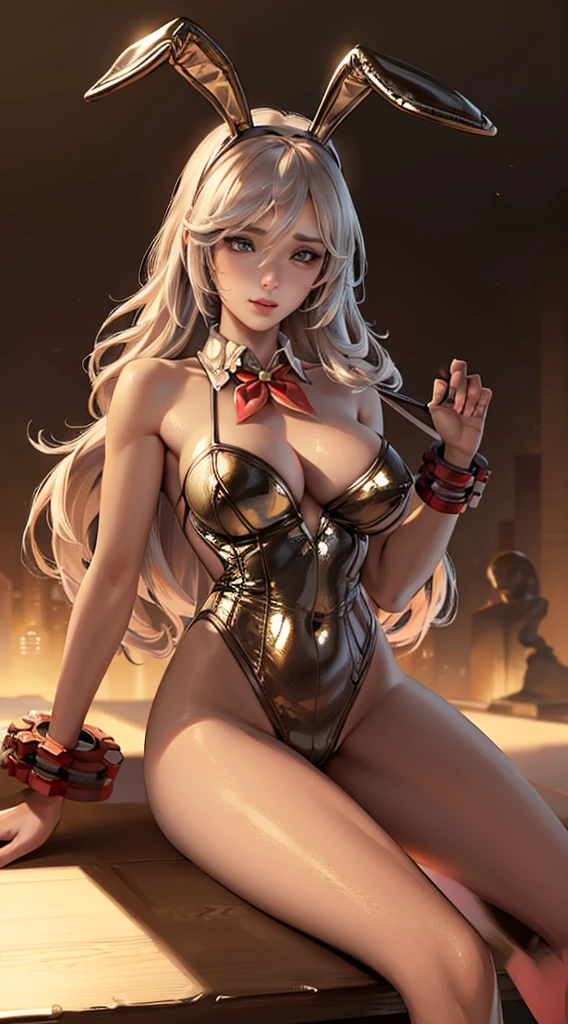 1girl,bunny suit,bodystocking,bunny ears headband,casino,luxury,illustrations,ultra-detailed,realistic,portraits,vibrant colors,dramatic lighting,best quality,ultra-detailed,photorealistic,illustrative style,rich textures,sharp focus,high-res,stunning details,professional,blurred background,colorful atmosphere,luxurious ambience,perfect chiaroscuro,meticulous rendering