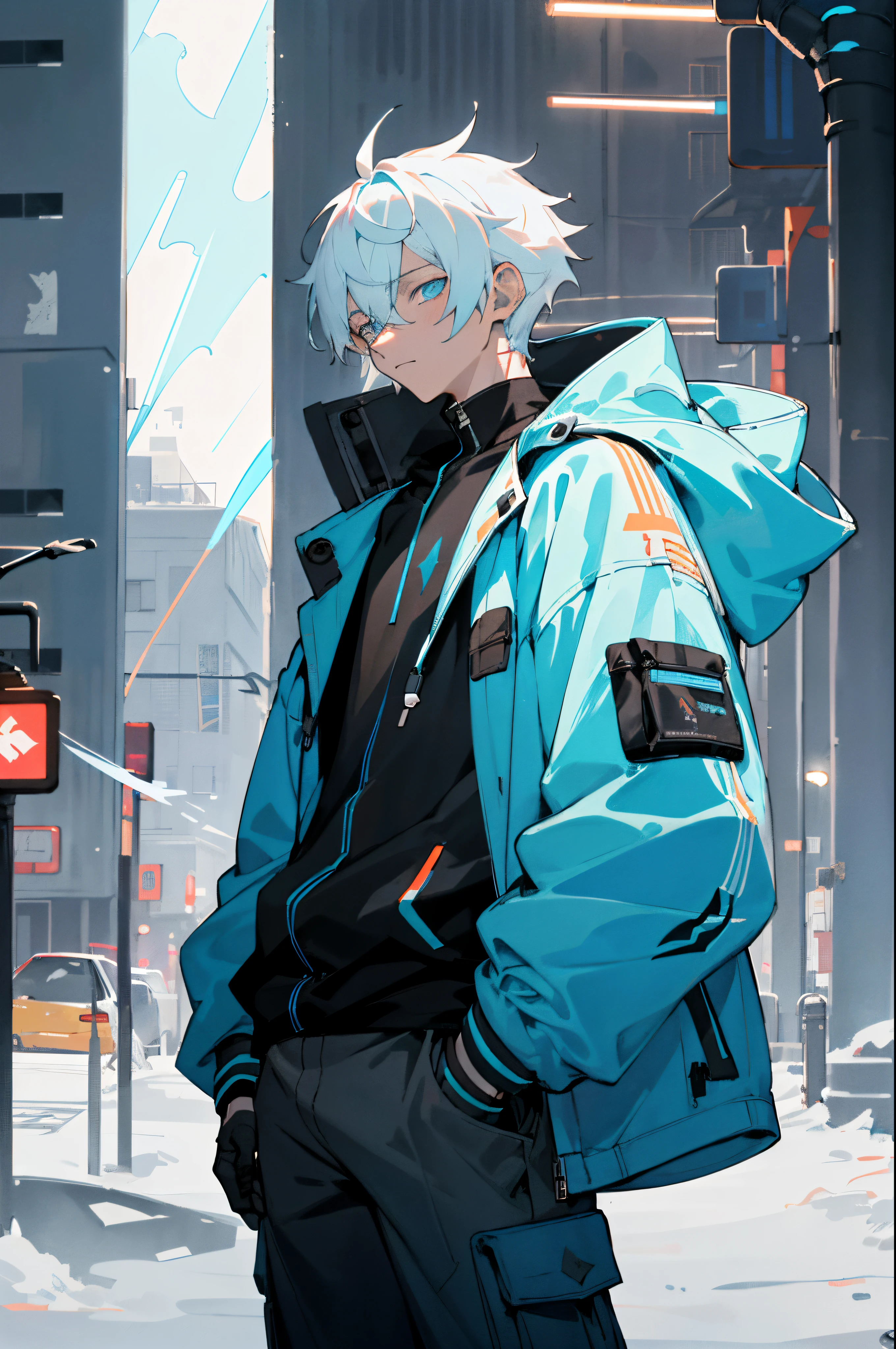 A 15-year-old teenage boy with an albino skin tone. He is an engineer and artificer, without facial or body hair. His hair is short and straight, colored white. The boy is wearing a futuristic cyberpunk in black and blue, futuristic style clothes, adorned with white lightning patterns. He is surrounded by an aura of white lightning, with a background featuring a scenery of rapid lightning and thunder, pastel washed out colors, cell shade, soft, muted shades, gentle colors, He wears an oversized, electric blue puffy jacket, The jacket is adorned with graffiti-style designs, Underneath, he has on a sleek, black hoodie with neon splatter patterns, loose-fitting cargo pants in a dark shade of black, offering practicality and a nod to street fashion, Night time in the city, downtown, lit by streetlights, restaurants, fall weather