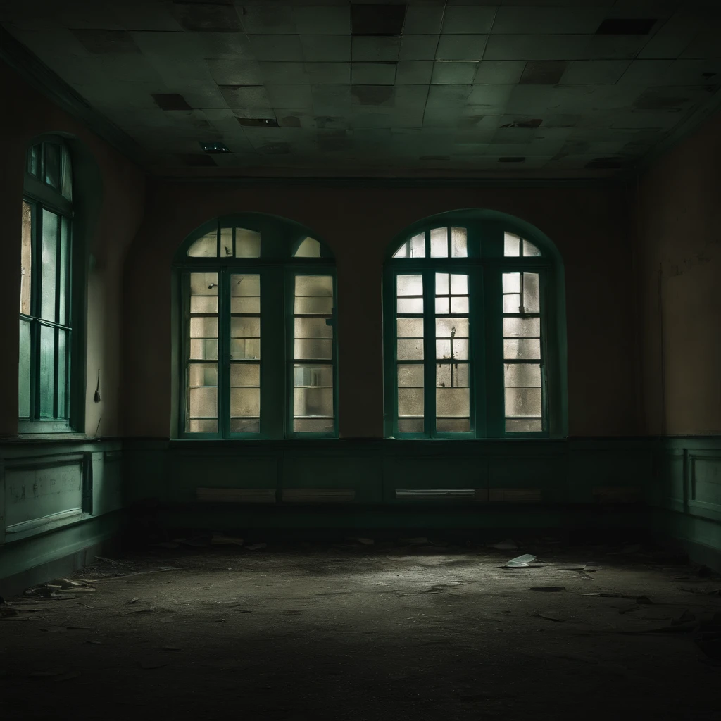 hopital abandoned view of the interior dark night ultra realiste dechet au sol comes out verre cassée