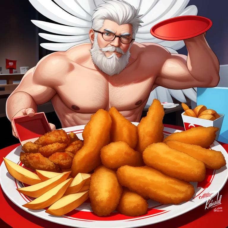 Create an artwork of a muscular KFC Colonel in a seductive pose, bare-chested and holding a tray of KFC fried chicken, potato wedges, and a cola. The food tray should be placed in the center of the frame while the character resembles the iconic figure from Kentucky Fried Chicken's logo,Colonel Harland Sanders.The picture should have the logo of the well-known chain restaurant KFC