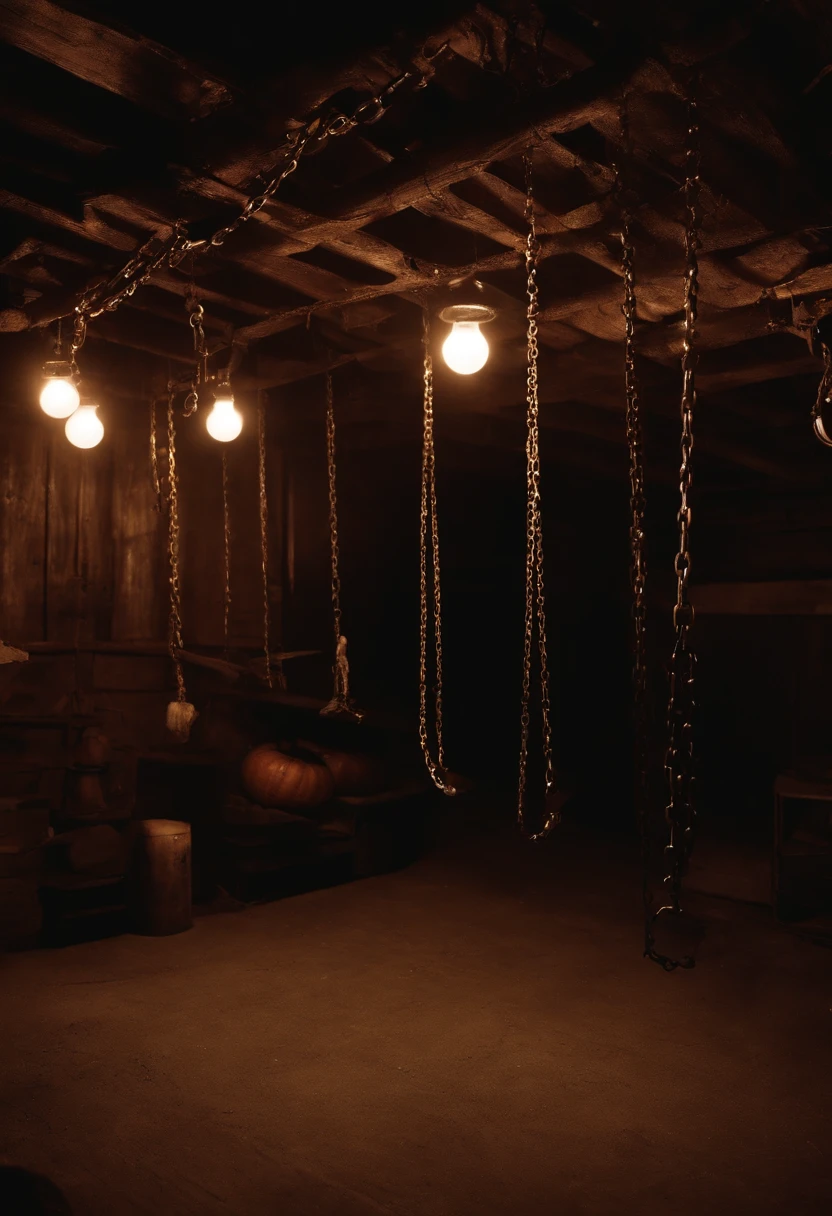 A photo of a dark and eerie basement with flickering lights and chains hanging from the ceiling,Halloween movie series,michael meyers, male
