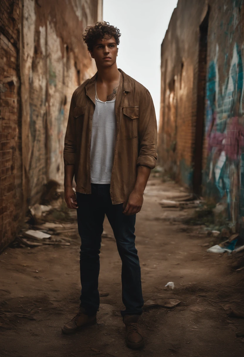The image is of Marcus standing in front of a rundown, abandoned building, holding a spray paint can and creating graffiti art on the wall.,original,Marcus has curly brown hair, brown eyes, various scars from getting into fights, famously portrayed by Benjamin Wadsworth, male