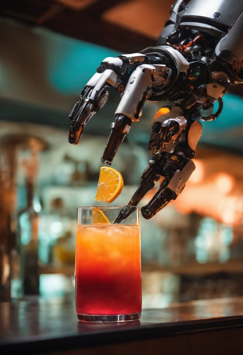 A photo of a robotic arm mixing together a colorful cocktail,Portal series,GLaDOS is a robot suspended from the ceiling, female