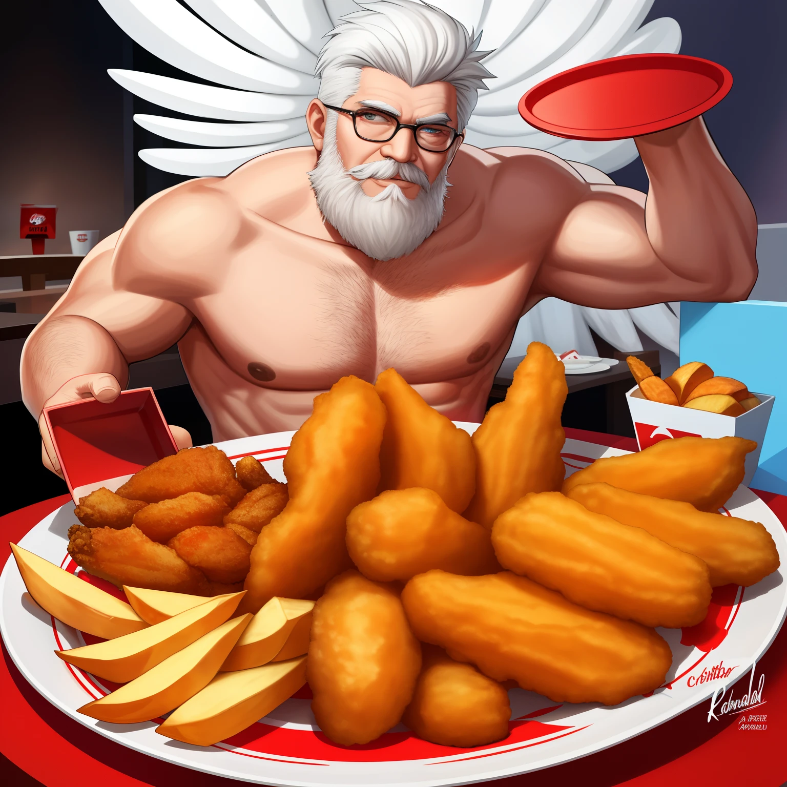 Create an artwork of a muscular KFC Colonel in a seductive pose, bare-chested and holding a tray of KFC fried chicken, potato wedges, and a cola. The food tray should be placed in the center of the frame while the character resembles the iconic figure from Kentucky Fried Chicken's logo,Colonel Harland Sanders.The picture should have the logo of the well-known chain restaurant KFC