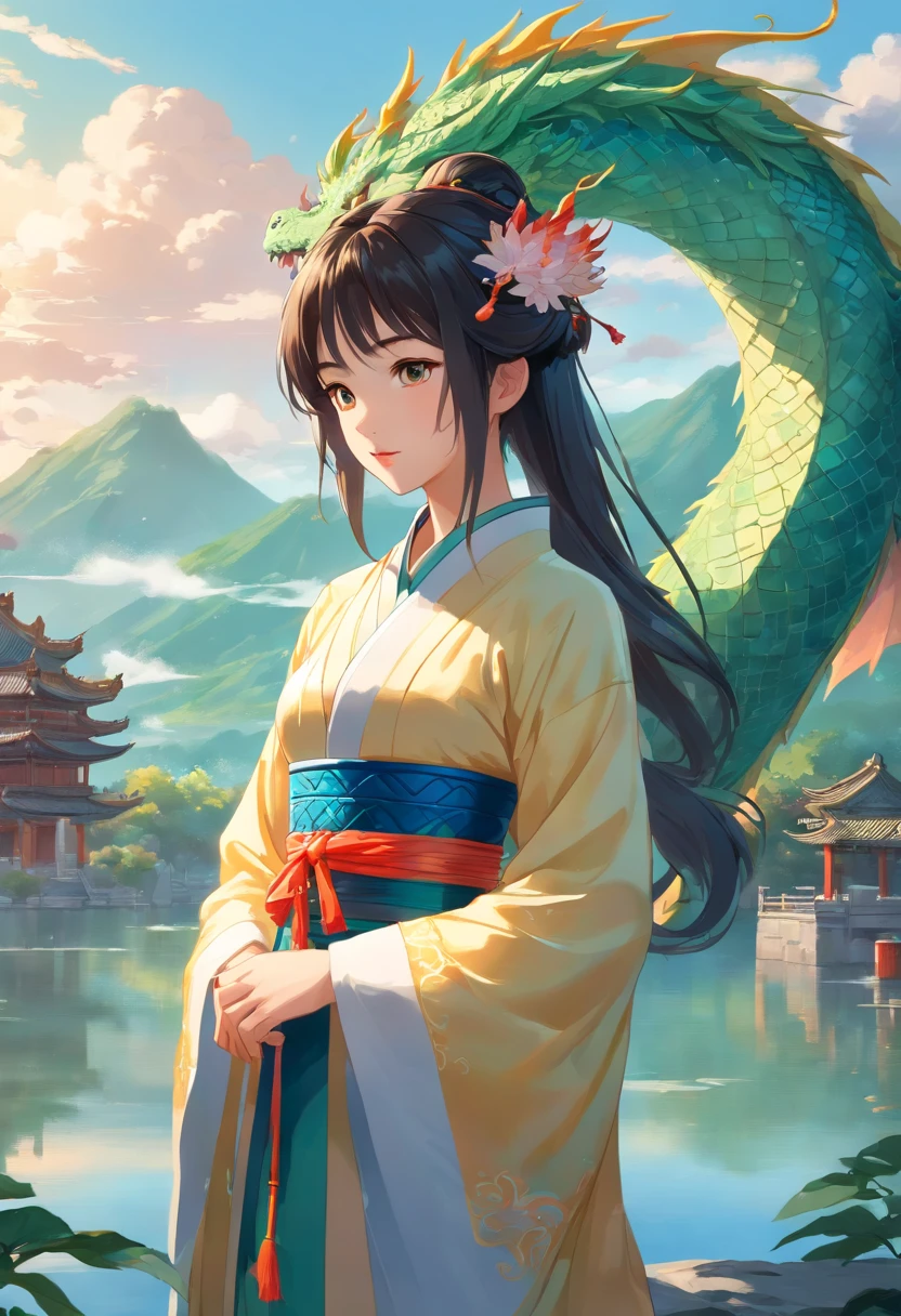 best quality,masterpiece:1.2,chinese dragon,chinese girl,beautiful detailed eyes,beautiful detailed lips,long hair,traditional chinese costume,serene expression,peaceful garden,subtle lighting,soft colors,traditional chinese painting style,reverence,accuracy,delicate brushwork,elegant composition,dreamy atmosphere,chinese symbolism,elegant hairpin,colorful flora and fauna,harmony between girl and dragon,detailed scales and patterns on dragon,breathtaking landscape,realistic,photorealistic:1.37,ultra-detailed,traditional chinese music,dragon's majestic presence,ethereal quality of the scene,cultural pride,mythical creature,whimsical clouds,poetic ambience,graceful movement of the girl,ancient traditions,serenity of nature,traditional chinese architecture,peaceful reflection in the water,mystical connection between girl and dragon,artistic mastery.