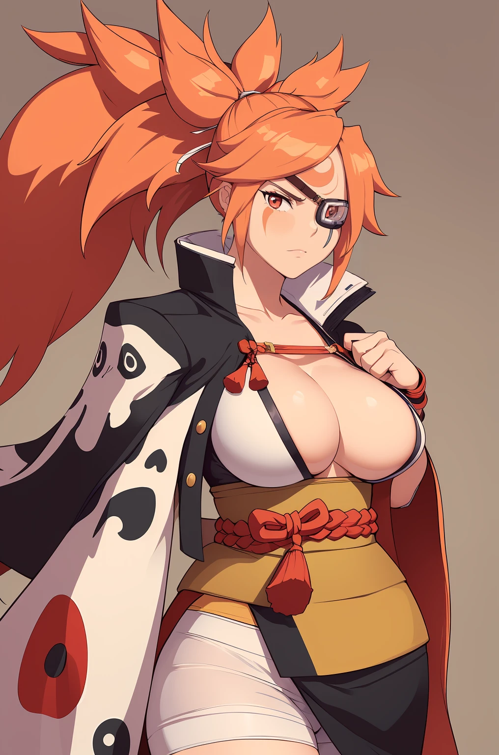 (masterpiece, best quality:1.2), cowboy shot, solo, 1girl, baiken, amputee, serious, closed mouth, looking at viewer, ponytail, eyepatch, multicolored clothes, open clothes, japanese clothes, kimono, large breasts