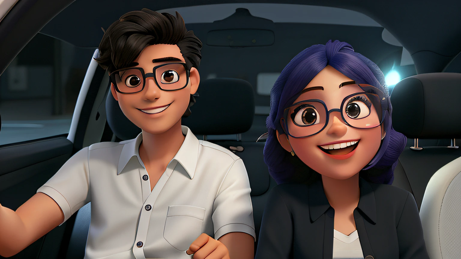 casal de namorado dentro do carro, sorrindo, de oculos transparente, cabelos pretos