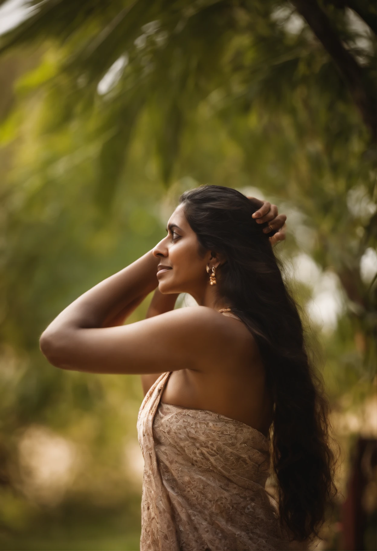 A naked Indian woman brushing her hair outside in the sun