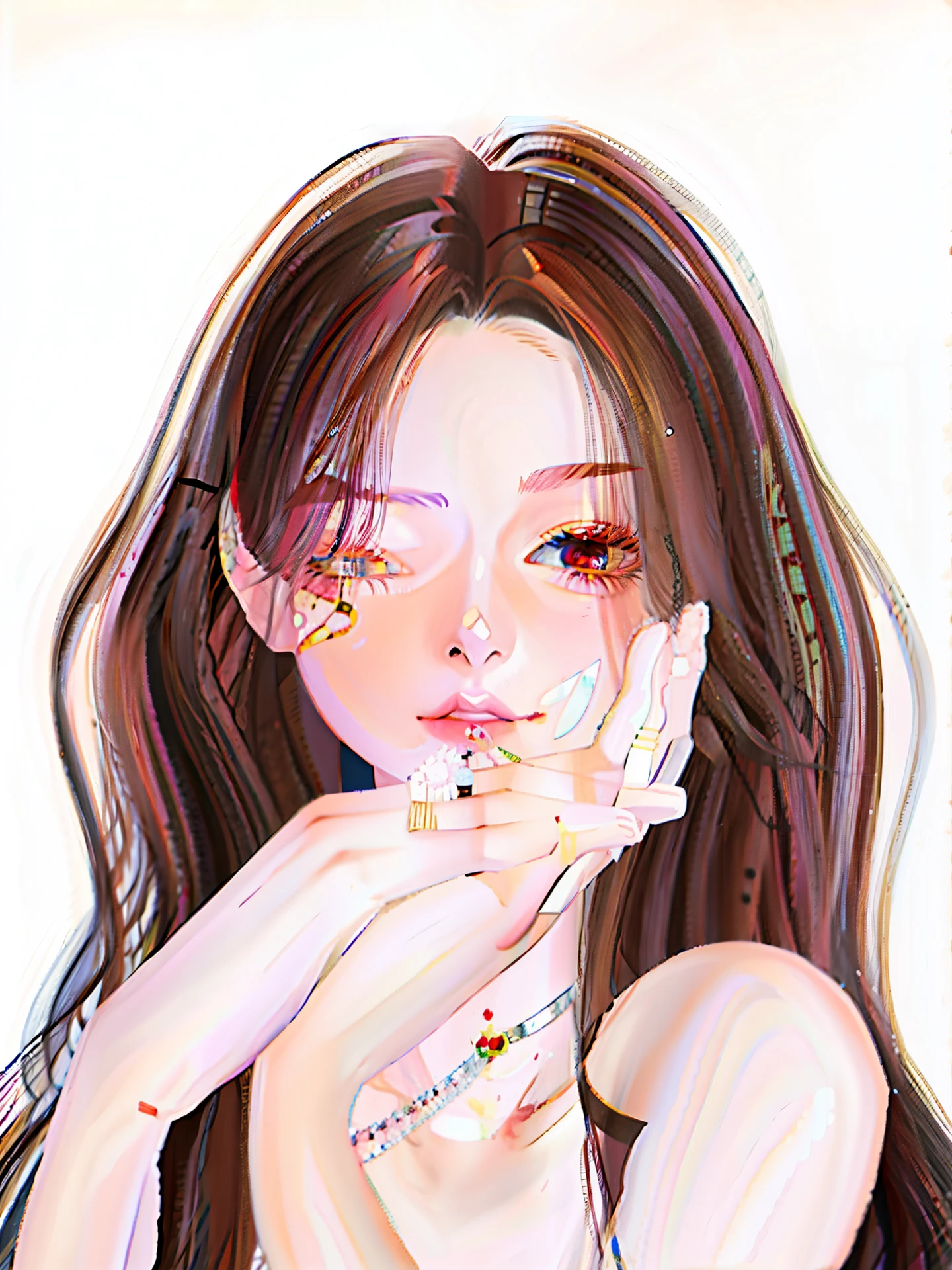 Anime girl with long brown hair and ring on her finger., inspirado por Sim Sa-jeong, Render de abril, Mano en la mejilla, IMVU, Retrato realista kawaii, Hecho con Anime Painter Studio, Anime estilo 3D, realistic artistic style, Render de una linda chica de anime 3D, realismo artstyle, cara y mano muy detalladas, :9 cara detallada: 8