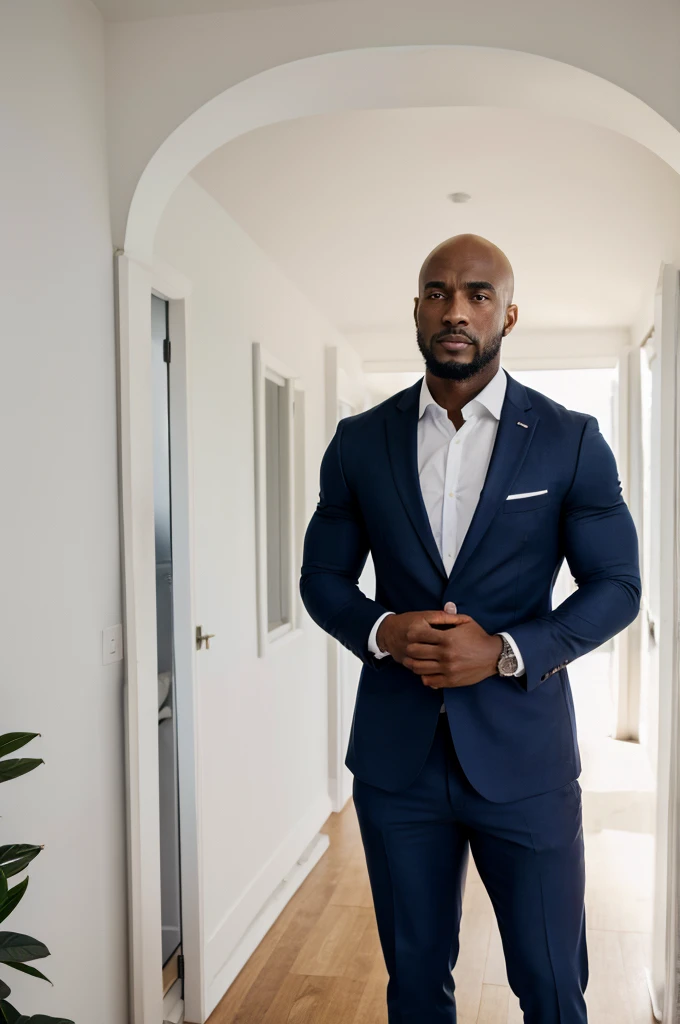 26 year old black guy mathys(real estate agent) with muscles and bald head wearing dark blue suit trousers and a white shirt standing in front of an villa
