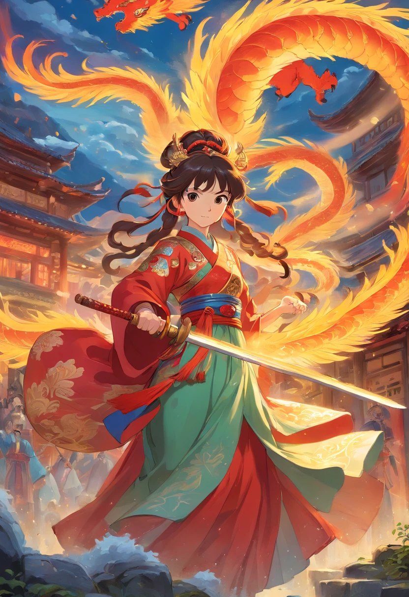 (a detailed scene of) 1 Chinese warrior and 1 Chinese princess, oil painting, vibrant colors, intricate details, ancient setting, flowing traditional dresses, elaborate hairstyles, intense gazes, royal aura, dramatic lighting