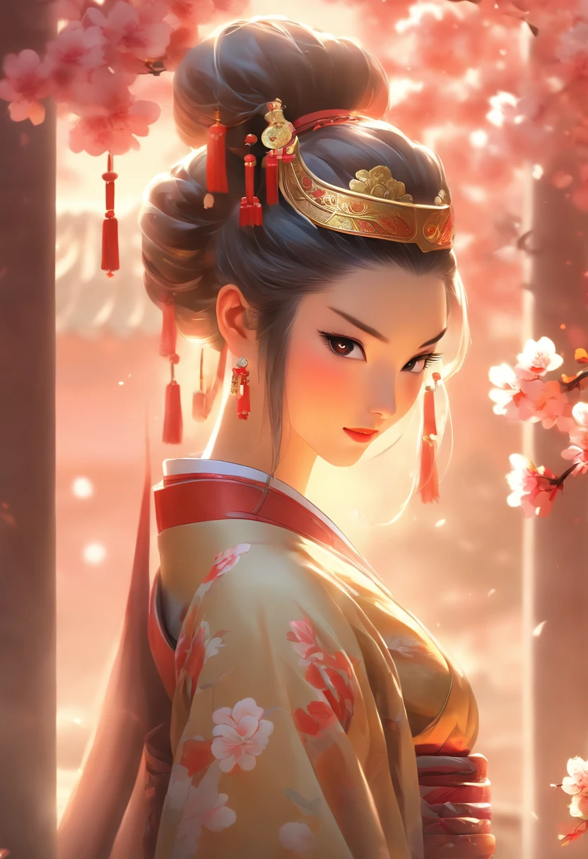 (best quality,4k,8k,highres,masterpiece:1.2),ultra-detailed,(realistic,photorealistic,photo-realistic:1.37),portrait,landscape,studio lighting,vivid colors,bokeh,Chinese warrior,Chinese princess,detailed facial features,distinctive attire,elaborate traditional clothing,ornamental headdress,ornate armor,flowing robes,serene expressions,cultural background,ancient Chinese palace,courtyard garden,blossoming cherry trees,majestic mountains,misty clouds,soft sunlight,harmonious color palette,traditional Chinese elements,lush greenery,detailed architecture,palace walls and gates,peaceful and serene atmosphere,fine craftsmanship,subtle textures,exquisite details,emotionally evocative,golden hues,subtle shadows,meticulous attention to detail,ethereal ambiance,zen-like tranquility