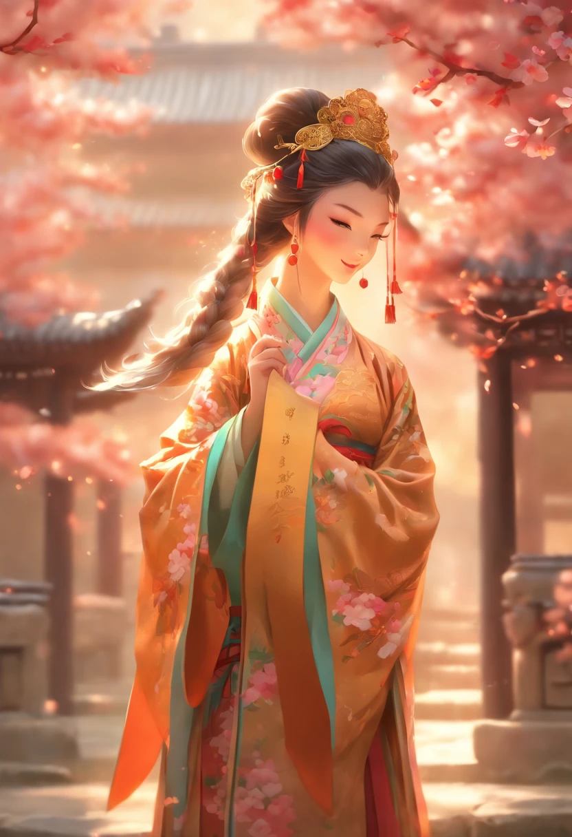 (best quality,4k,8k,highres,masterpiece:1.2),ultra-detailed,(realistic,photorealistic,photo-realistic:1.37),portrait,landscape,studio lighting,vivid colors,bokeh,Chinese warrior,Chinese princess,detailed facial features,distinctive attire,elaborate traditional clothing,ornamental headdress,ornate armor,flowing robes,serene expressions,cultural background,ancient Chinese palace,courtyard garden,blossoming cherry trees,majestic mountains,misty clouds,soft sunlight,harmonious color palette,traditional Chinese elements,lush greenery,detailed architecture,palace walls and gates,peaceful and serene atmosphere,fine craftsmanship,subtle textures,exquisite details,emotionally evocative,golden hues,subtle shadows,meticulous attention to detail,ethereal ambiance,zen-like tranquility