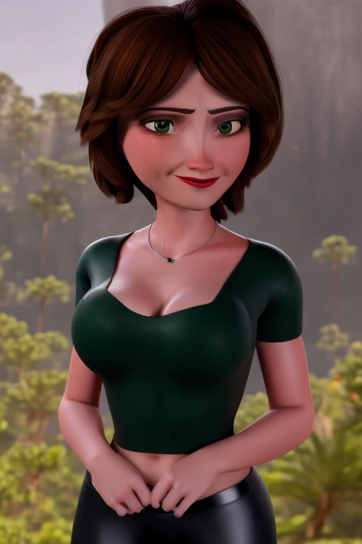 aunt cass, modern disney style,1girl, solo, medium breasts, brown hair, short hair, red crop-top, black shiny leggings, looking at viewer, green eyes, upper body, smile, cleavage, lips, full body portrait