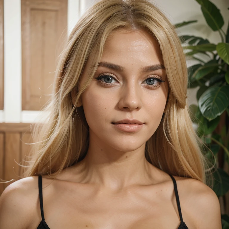 Mulher loira, alta, olhos azuis, blonde hair, cabelos dourados, roupa social rosa, em casa